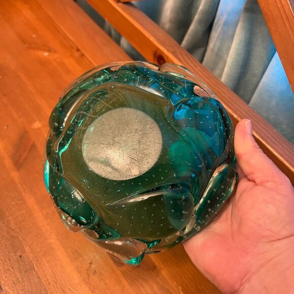 Hand-Blown Murano Art Glass Bowl Swirled Green And Clear With controlled Bubbles - Picture 3 of 7